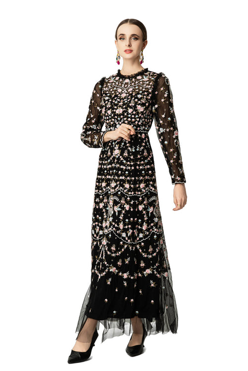 Black Floral Bird Embroidered Ruffled Neck Tulle Maxi Dress SP10036