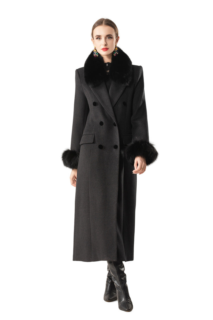 Fur Trim Double-Breasted Maxi Wool Coat Dress SP10078