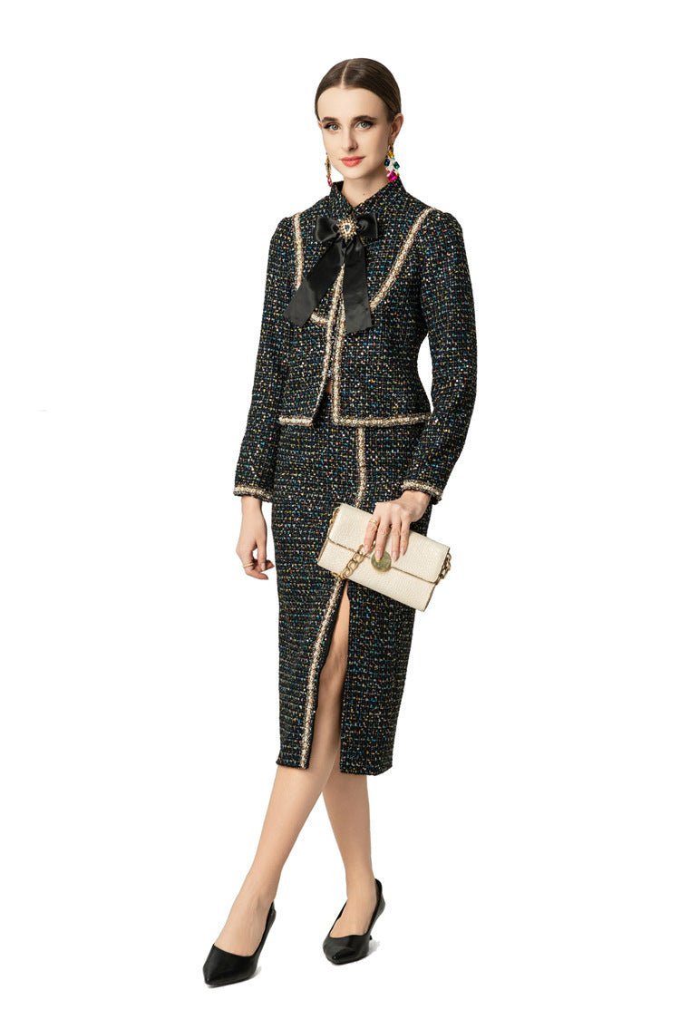 Tweed Bow Tie Jacket & Slit Pencil Skirt Two-Piece Set SP10044