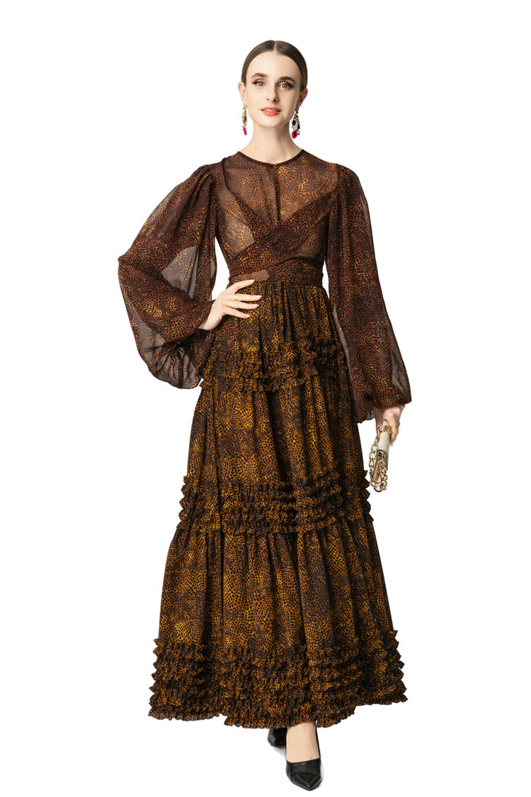 Leopard Print Tiered Ruffle Chiffon Maxi Dress SP10039