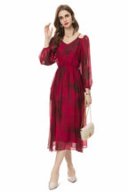 Silk Asymmetrical V-Neck Cinched Waist Midi Dress – French Luxury SP10029