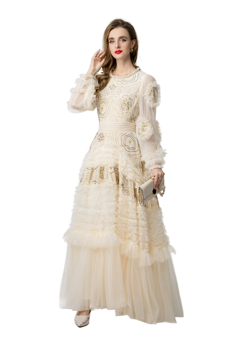 Burgundy Velvet Beaded Tulle Ruffled Sleeve Maxi Dress – French Luxury SP10006