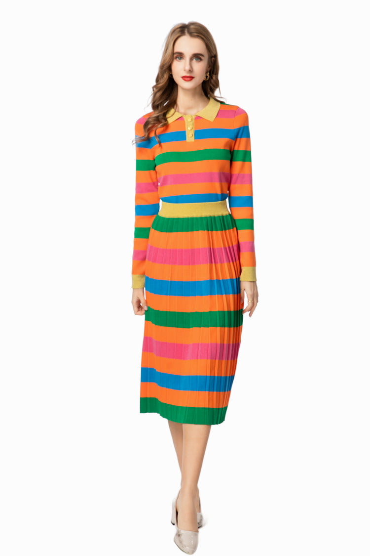 Rainbow Striped Knit Polo Top & Pleated Skirt Set SP10007