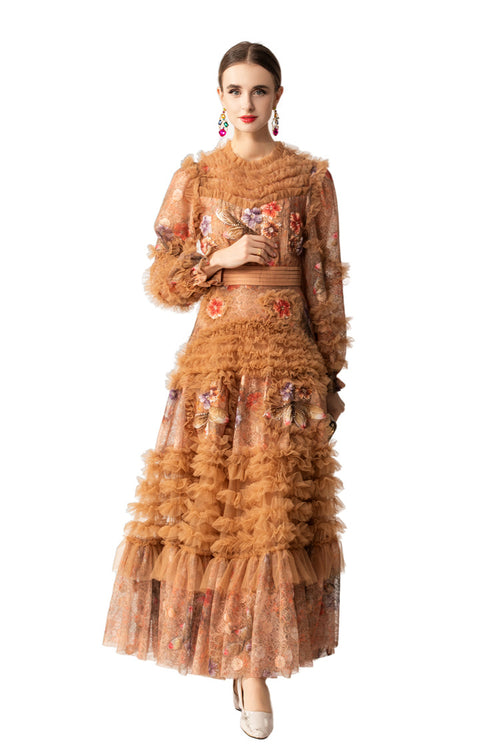 Amber 3D Dragonfly Embellished Tiered Tulle Maxi Dress SP10070