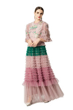 Pink Green Floral Embroidery Tiered Tulle Maxi Dress SP10049