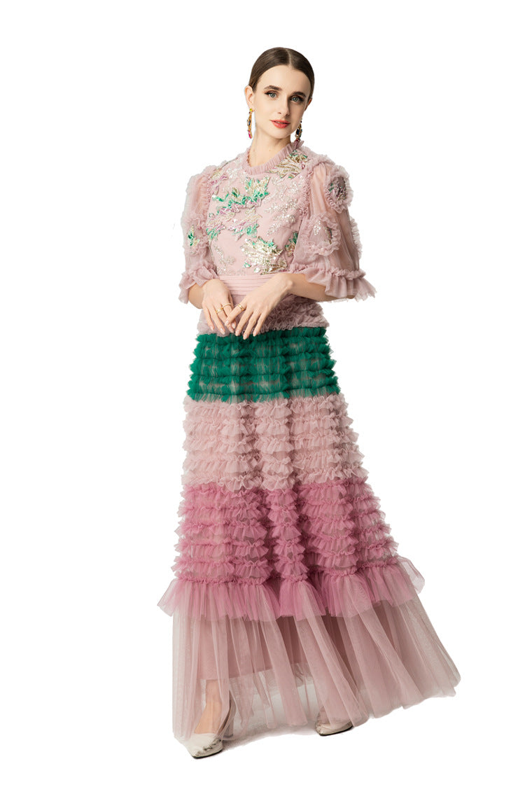 Pink Green Floral Embroidery Tiered Tulle Maxi Dress SP10049