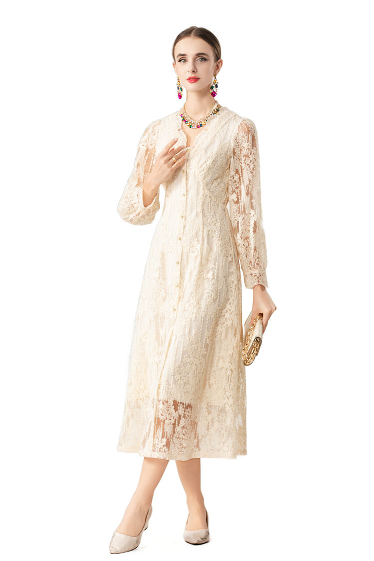 Scalloped V-Neck Lace Embroidered Midi Dress with Lining SP10071