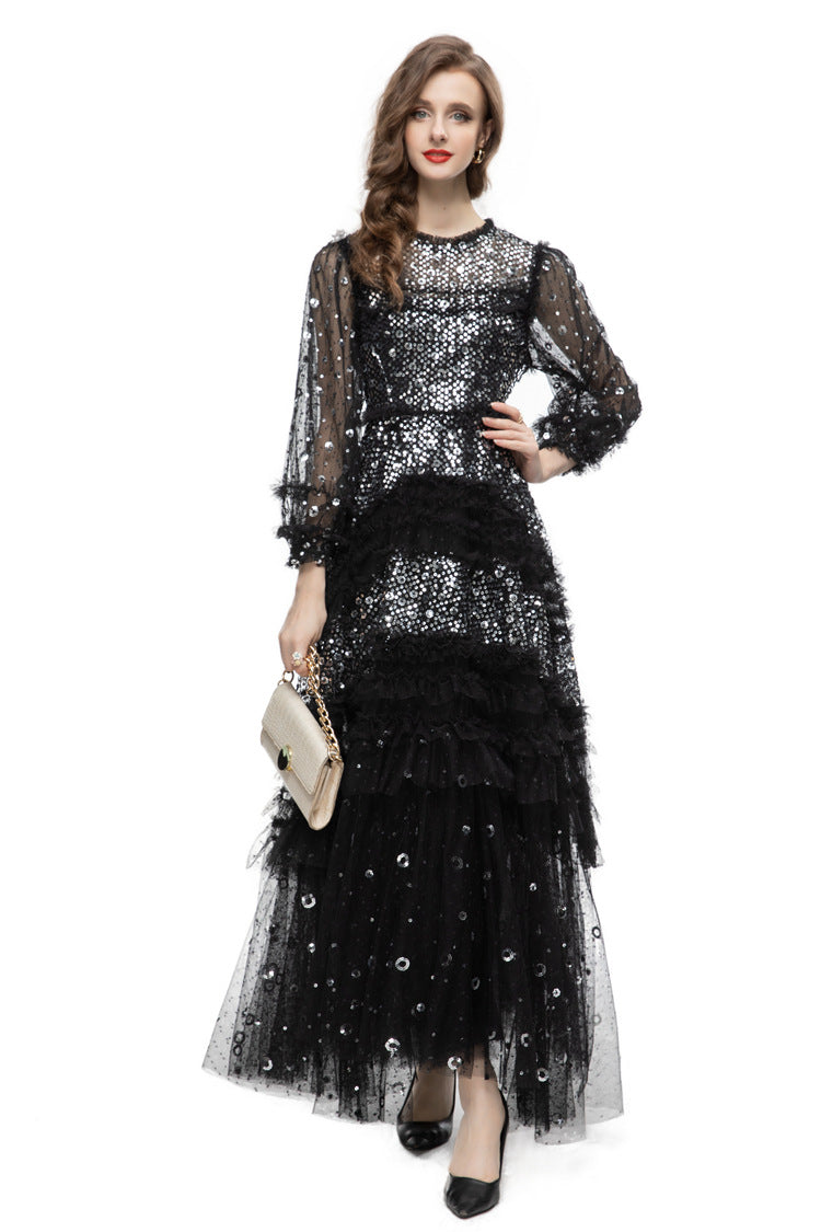 Black Sequin Beaded Tiered Tulle Maxi Evening Gown SP10031