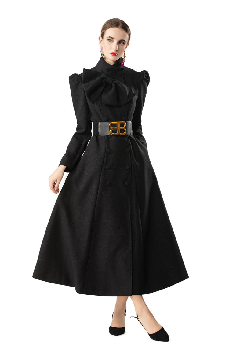Bow Neck Puff Sleeve Double-Breasted Maxi Coat Dress SP10089