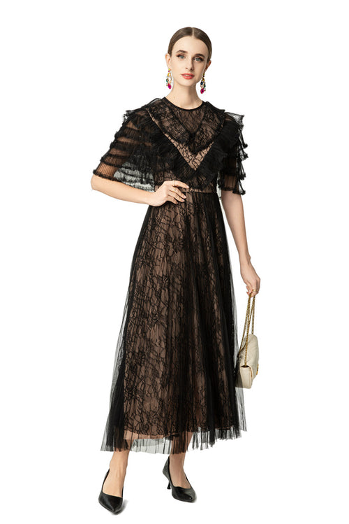 Black Lace Fake Two-Piece Ruffled Sleeve Maxi Dress SP10043