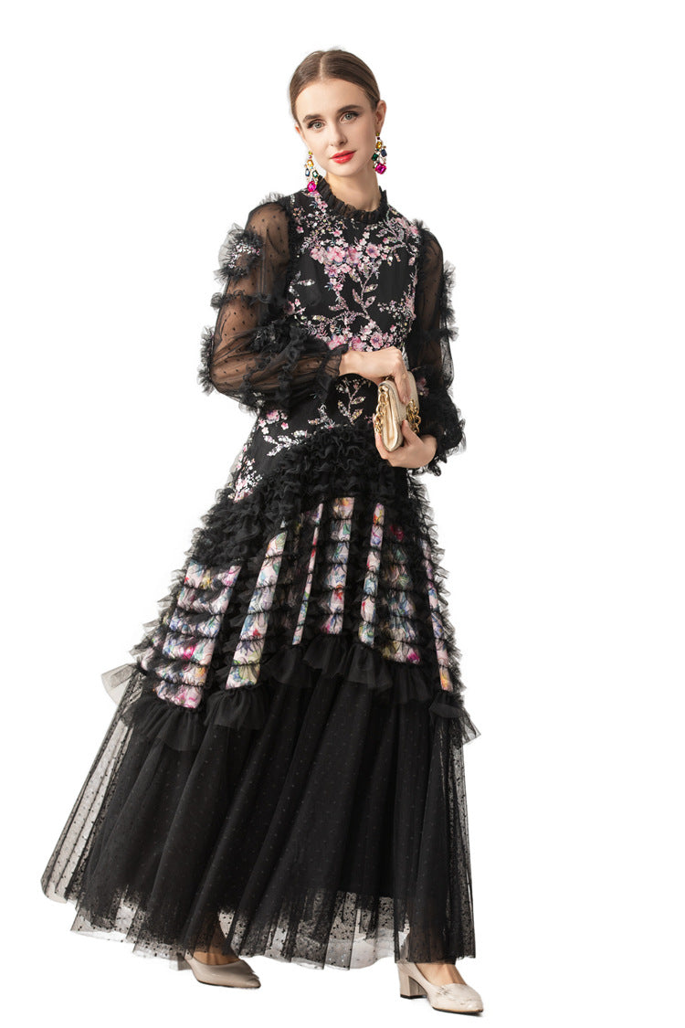 Ruffled High Neck 3D Floral Tiered Tulle Maxi Dress SP10083