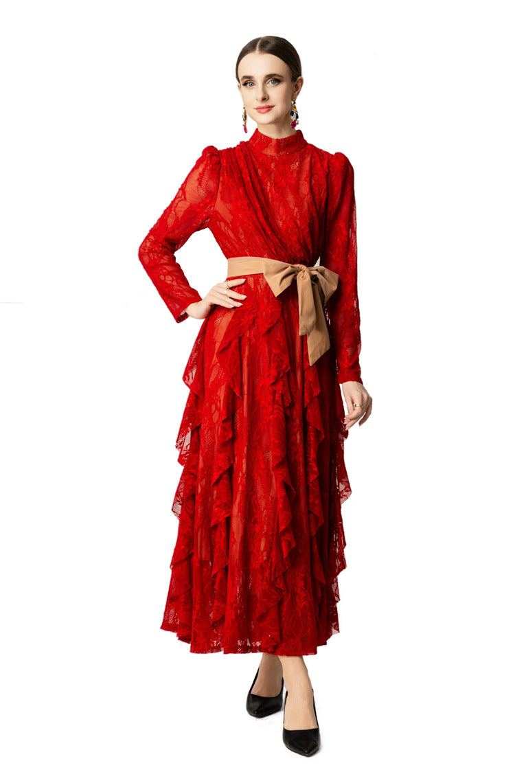 High Neck Lace Ruffle Hem Maxi Dress with Detachable Belt SP10045