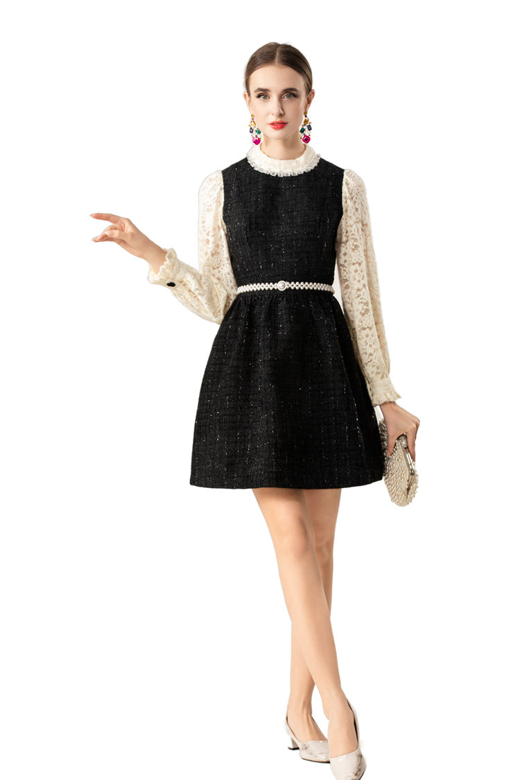 Lace Sleeve Tweed Mini Dress with Pearl Belt SP10088