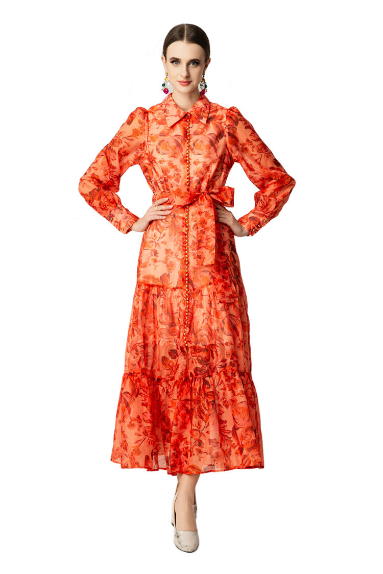 Orange Floral Print Collared Tiered Ruffle Maxi Dress SP10047