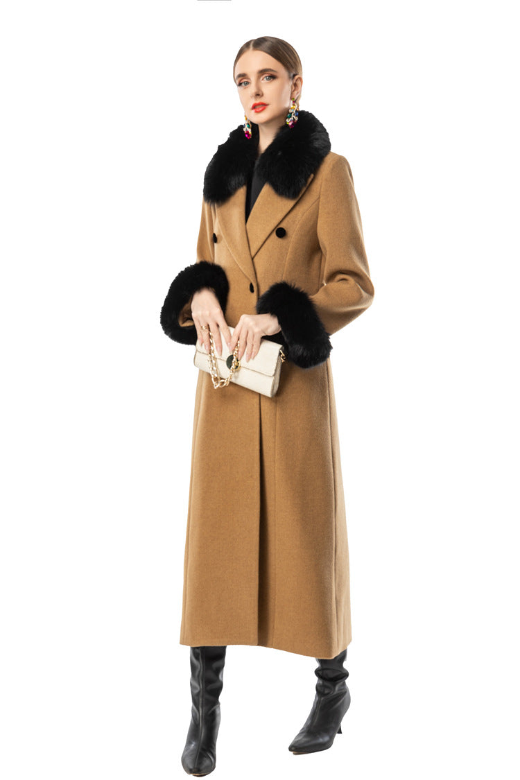 Camel Wool Blend Long Coat with Black Faux Fur Collar & Cuffs SP10112