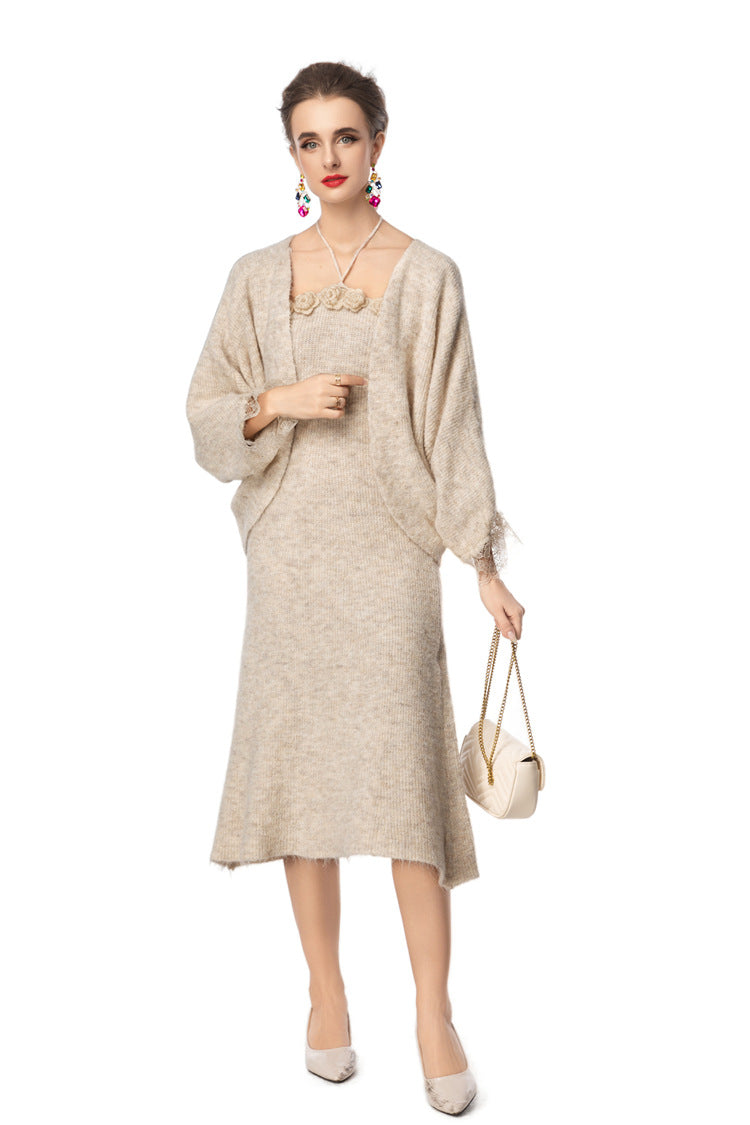 3D Floral Halter Dress & Lace Cuff Knit Cardigan Two-Piece Set SP10099