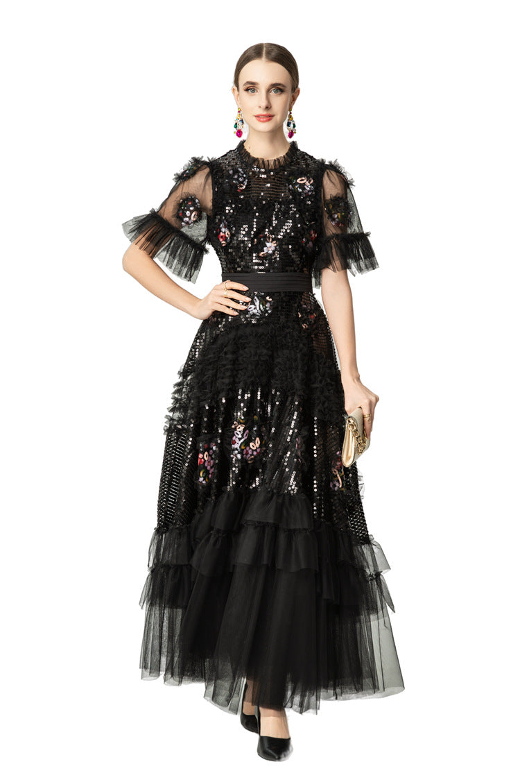Sequin Floral Embroidered Tiered Tulle Maxi Dress – Ruffled Neck SP10037