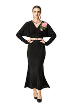 V-Neck Batwing Sleeve Peony Embroidery Mermaid Dress SP10048