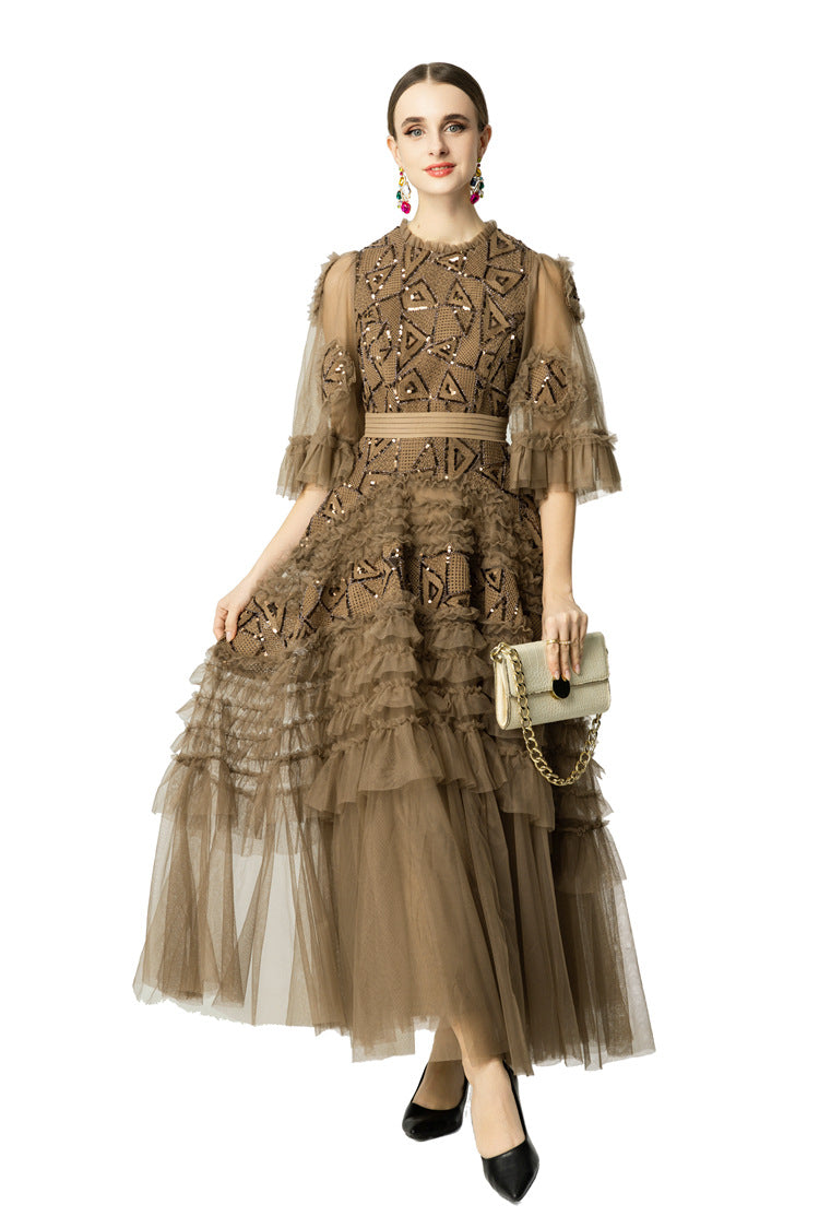 Taupe Geometric Sequin Tiered Tulle Maxi Dress SP10040