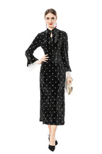 Velvet Polka Dot Lace Flare Sleeve Qipao Midi Dress SP10095