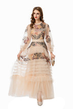 Nude Floral Embroidered Tiered Tulle Maxi Dress SP10008