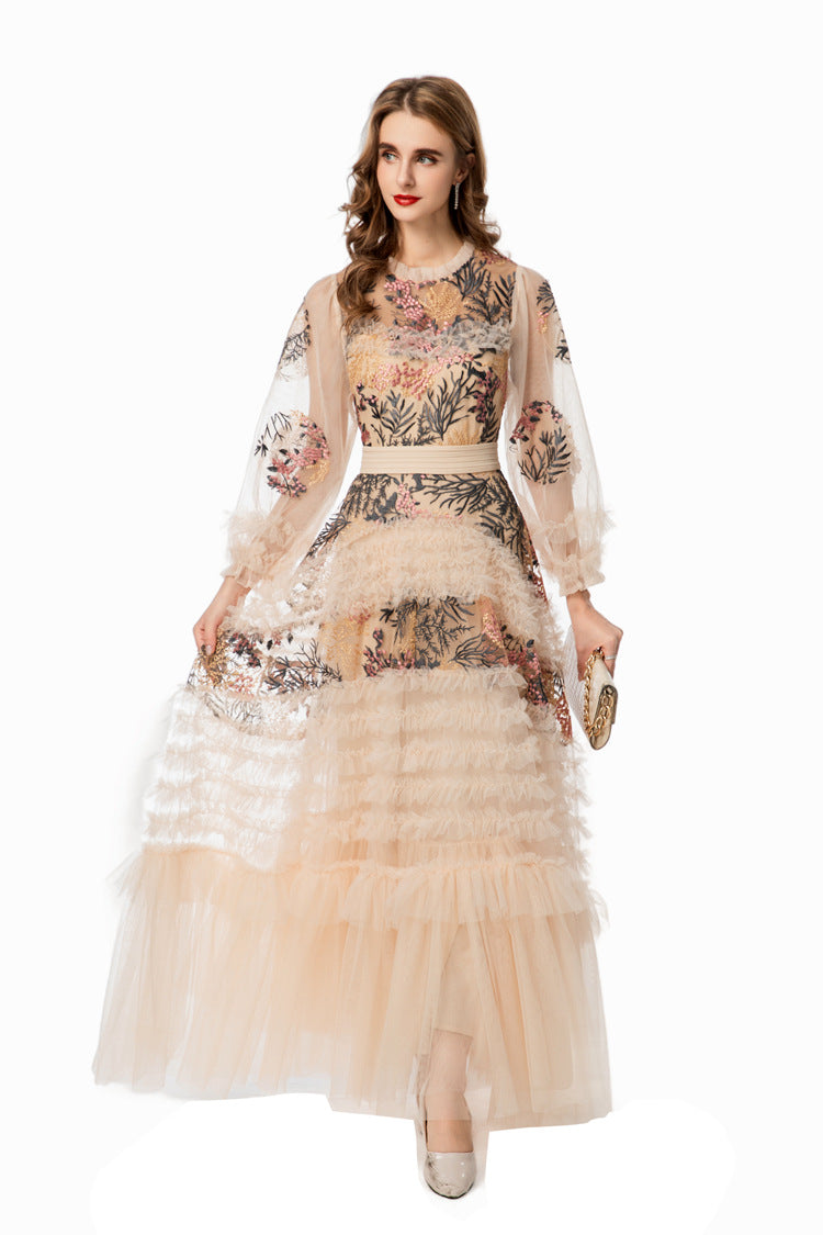 Nude Floral Embroidered Tiered Tulle Maxi Dress SP10008