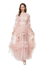Pink Sequin 3D Floral Embroidered Tiered Tulle Maxi Dress SP10026