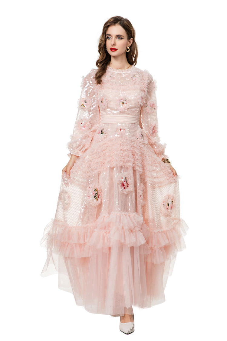 Pink Sequin 3D Floral Embroidered Tiered Tulle Maxi Dress SP10026