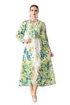 Green Floral Print Lace Trim Button Front Slit Maxi Dress SP10066