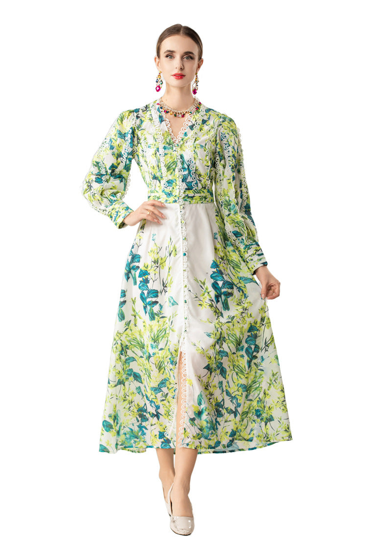 Green Floral Print Lace Trim Button Front Slit Maxi Dress SP10066