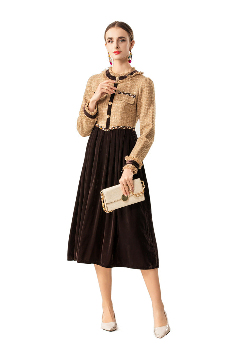 Frayed Collar Tweed Velvet Patchwork Midi Dress SP10072