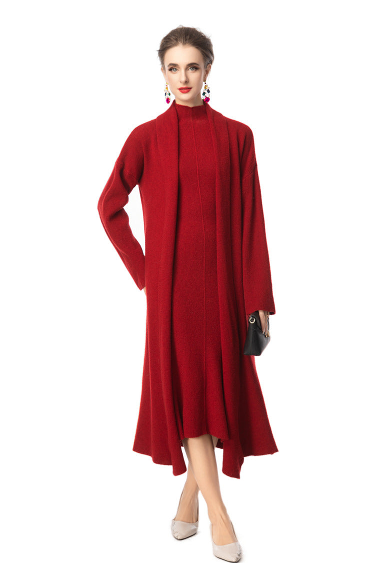 Turtleneck Dress & Long Knit Cardigan Two-Piece Set SP10097
