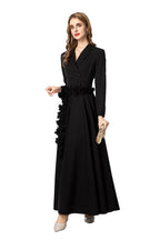 Black Suit Fabric Floral Applique A-Line Maxi Dress SP10022