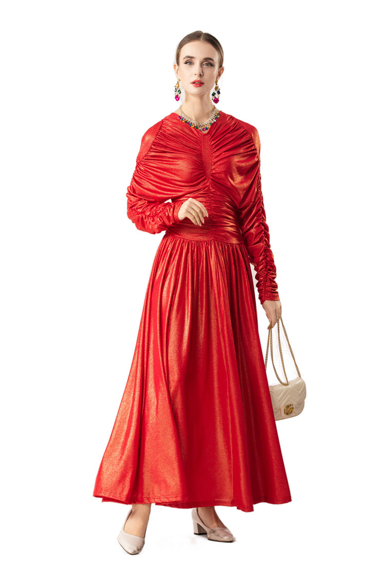 Metallic Ruched Waist Flared Maxi Dress SP10087