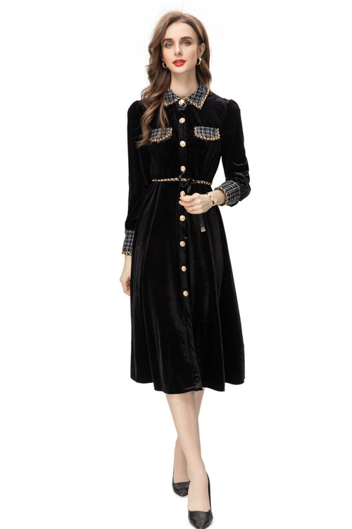 Black Velvet Tweed Trim Midi Dress – French Style Slim Fit Fall Dress