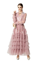 Sequin Embroidery Tiered Tulle Maxi Dress with Ruffled V-Neck SP10055