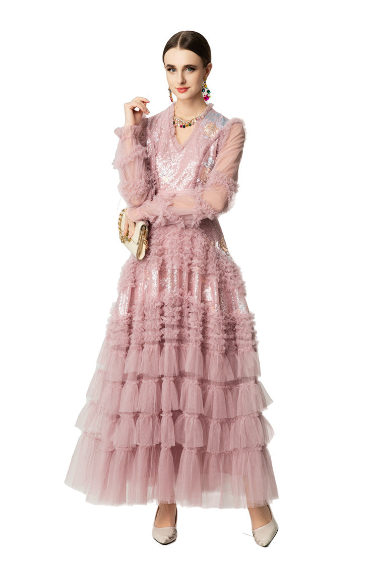 Sequin Embroidery Tiered Tulle Maxi Dress with Ruffled V-Neck SP10055
