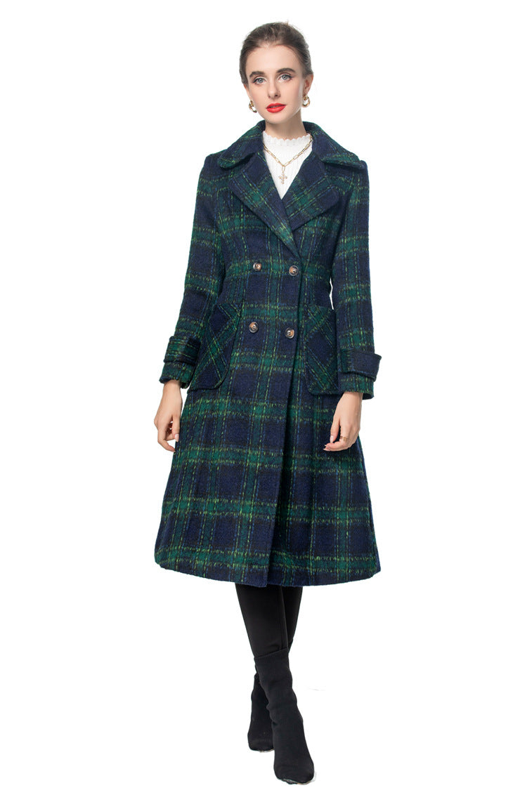 British Style Plaid Wool Blend Long Coat with Belt – Vintage Luxury Overcoat SP10003