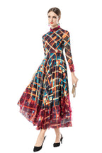 Ruffled Neck Plaid Print Tiered Tulle Maxi Dress SP10091