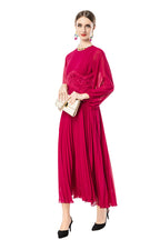 Sheer Puff Sleeve Embroidered Waist Pleated Midi Dress SP10094