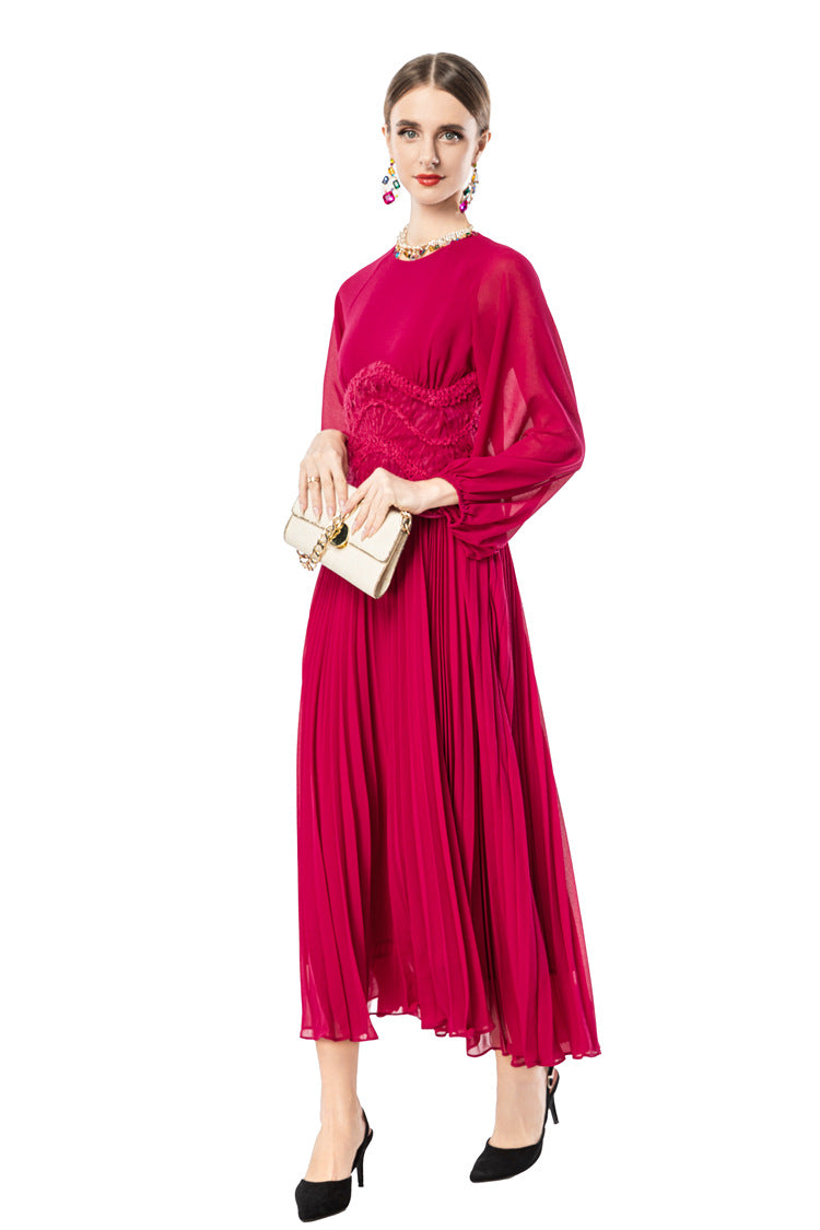 Sheer Puff Sleeve Embroidered Waist Pleated Midi Dress SP10094
