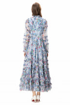 Light Blue Floral Ruffled Tulle Tiered Maxi Dress – French Fairy Style SP10011