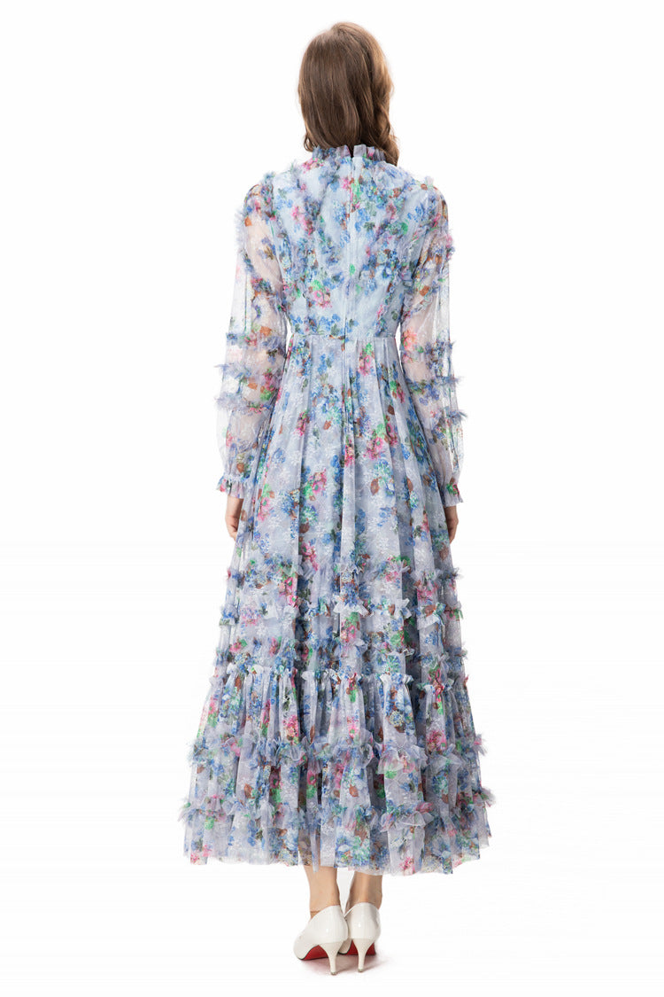 Light Blue Floral Ruffled Tulle Tiered Maxi Dress – French Fairy Style SP10011