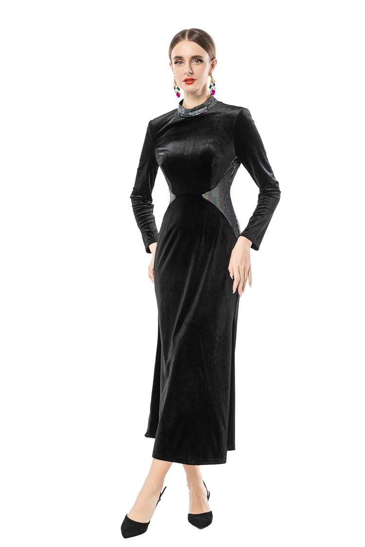 Black Velvet Midi Dress with Rhinestone Neckline & Reflective Waist Accents - Timeless Elegance Meets Modern Glamour SP10101