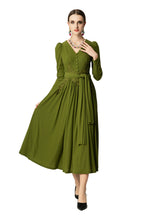 V-Neck Puff Sleeve Waist Embroidery Flared Midi Dress SP10059
