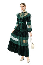 Women's Vintage Court Style Velvet Maxi Dress, Ruffle Lace Hollow Out Patchwork Long Sleeve Pearl Button Formal Evening Gown SP10103