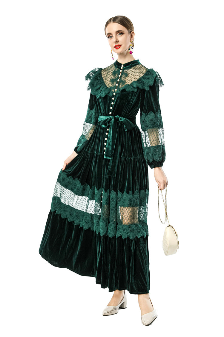 Women's Vintage Court Style Velvet Maxi Dress, Ruffle Lace Hollow Out Patchwork Long Sleeve Pearl Button Formal Evening Gown SP10103