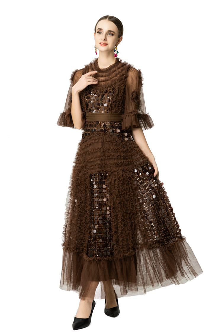Brown Sequin Ruffled Tiered Organza Maxi Dress SP10061