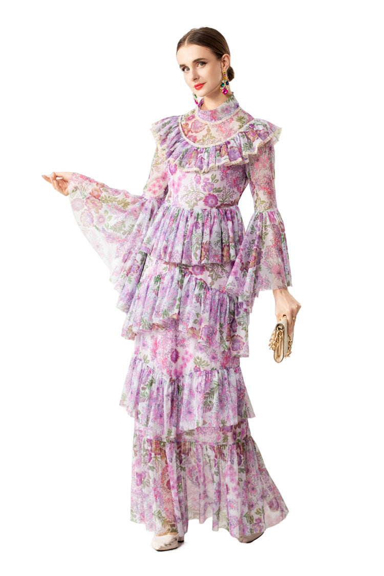 Ruffled High Neck Floral Tiered Cake Maxi Dress SP10075