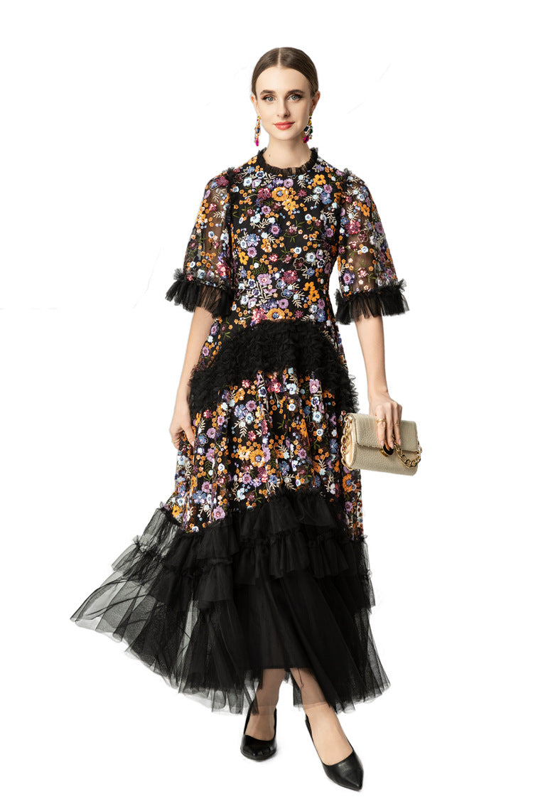 Colorful Floral Embroidered Ruffled Tulle Midi Dress SP10038